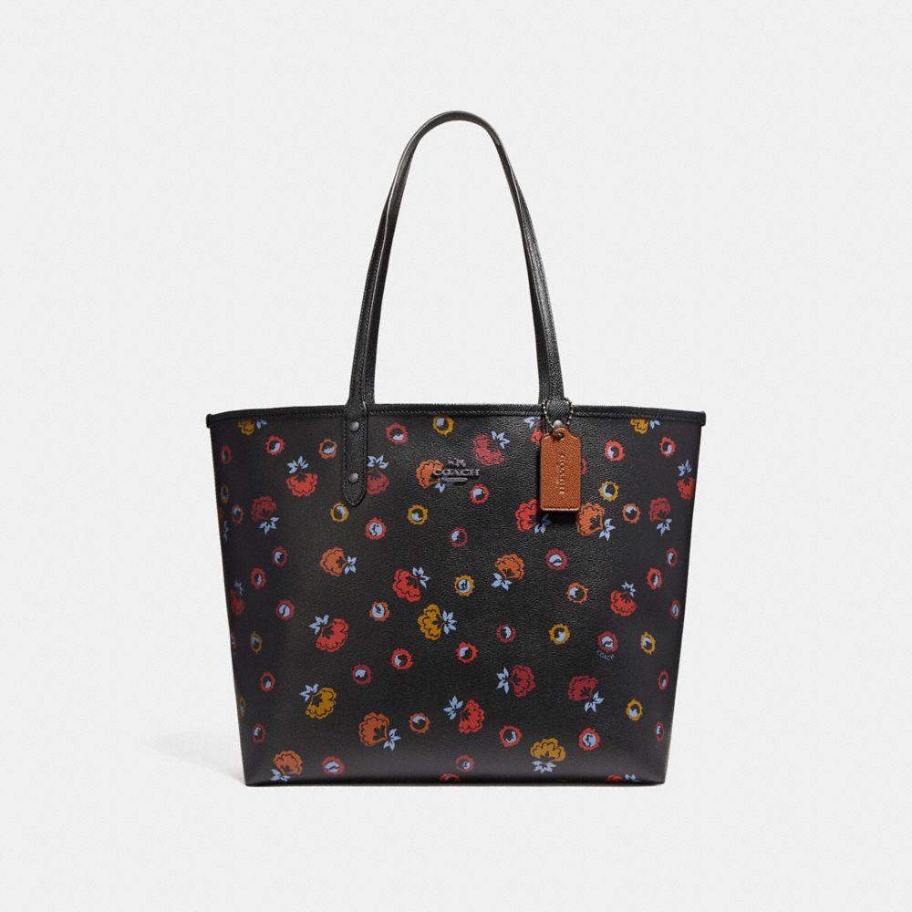 REVERSIBLE CITY TOTE WITH PRIMROSE FLORAL PRINT - ANTIQUE NICKEL/BLACK MULTI - COACH F22236