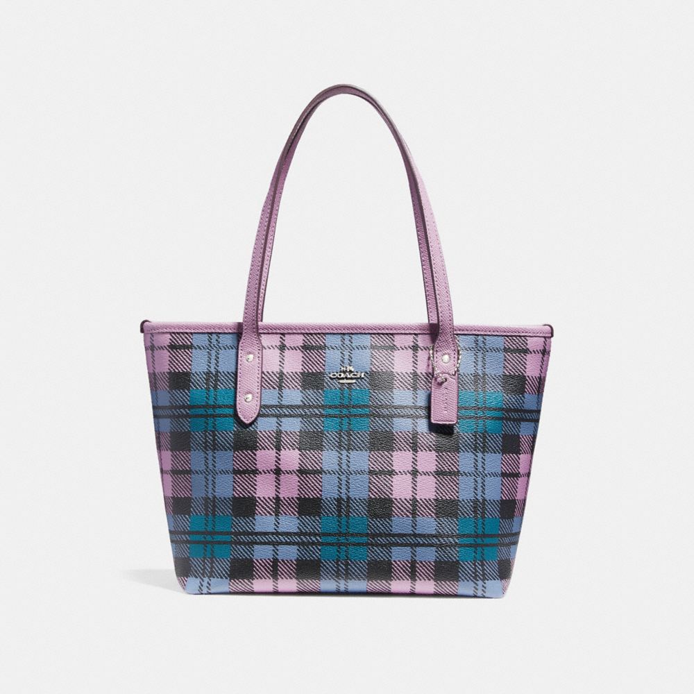 COACH F22245 Mini City Zip Tote With Shadow Plaid Print SVMRU