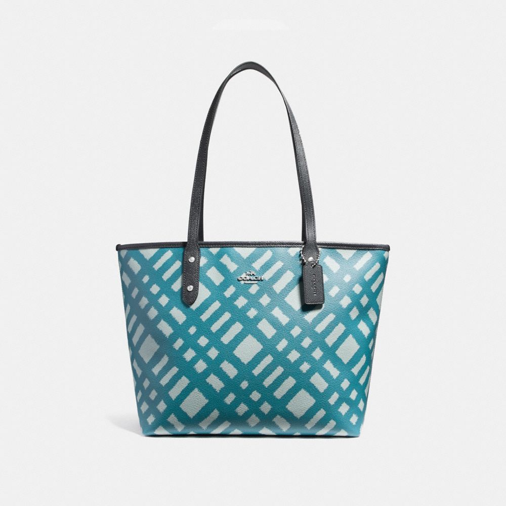 CITY ZIP TOTE WITH WILD PLAID PRINT - f22248 - SILVER/BLUE MULTI