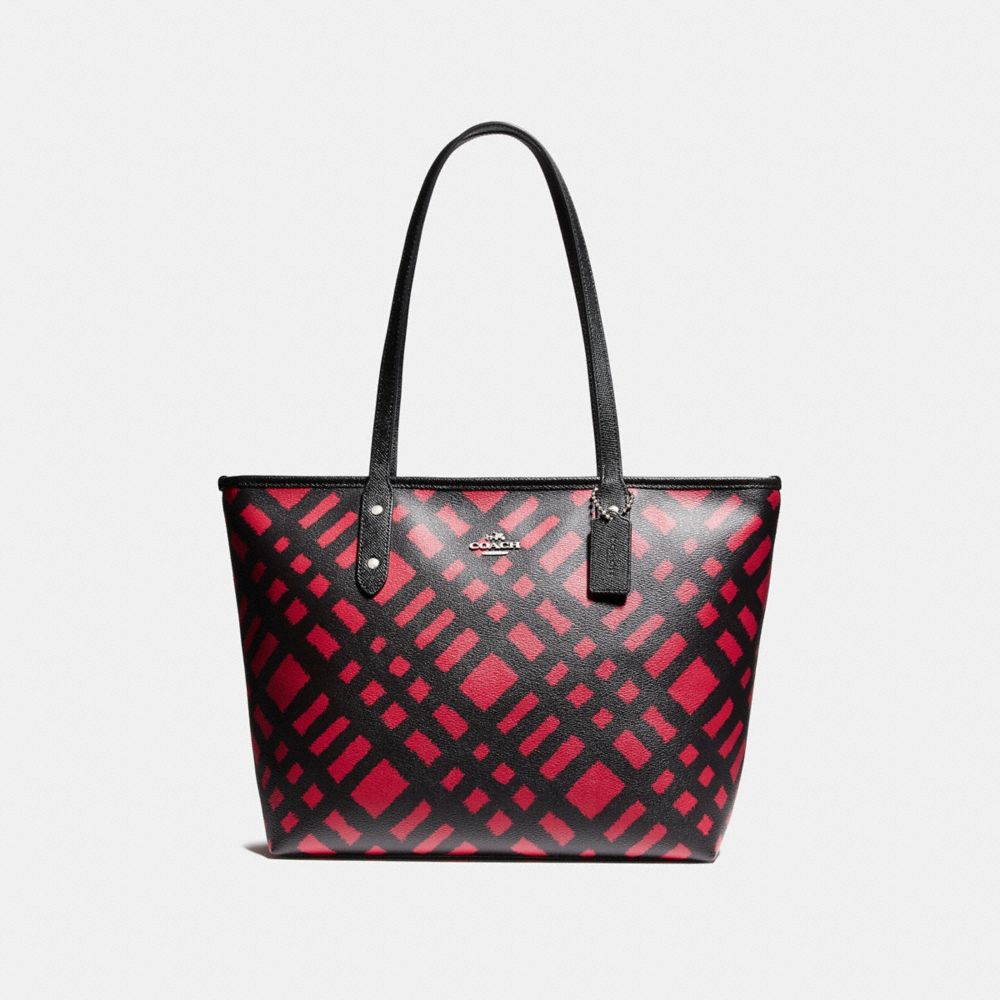 COACH F22248 City Zip Tote With Wild Plaid Print SVMRT