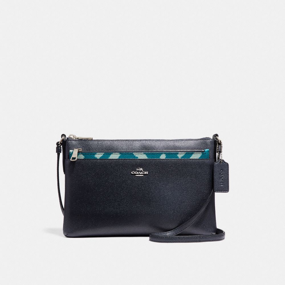 EAST/WEST CROSSBODY WITH POP-UP POUCH WITH WILD PLAID PRINT - f22251 - SILVER/BLUE MULTI