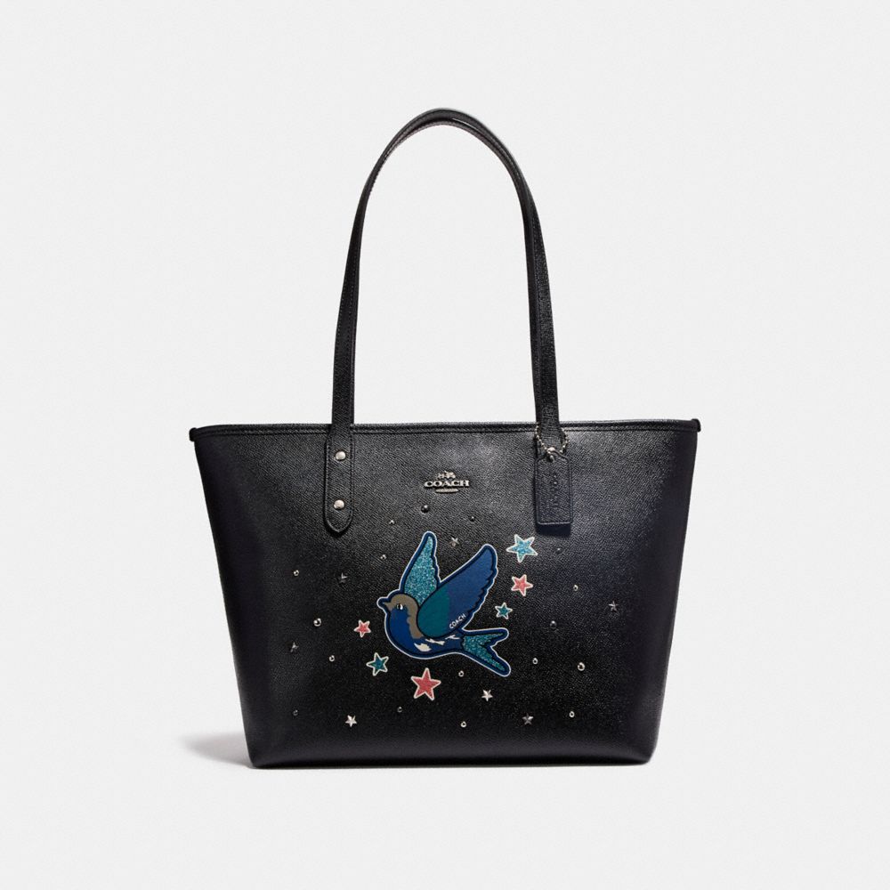 CITY ZIP TOTE WITH BIRD - f22253 - SILVER/BLACK