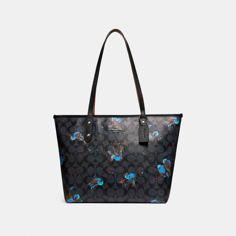 CITY ZIP TOTE WITH BIRD PRINT - f22293 - SILVER/BLACK SMOKE