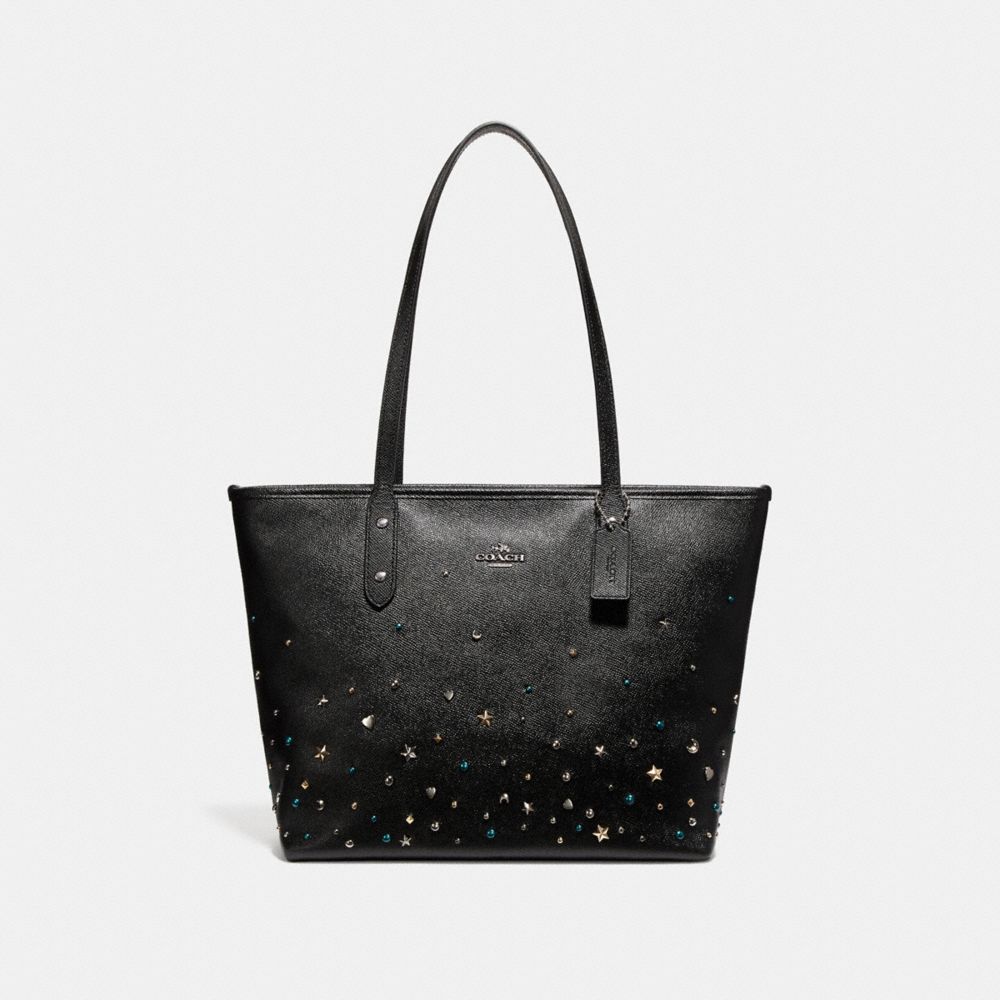 COACH F22299 City Zip Tote With Stardust Studs SILVER/BLACK
