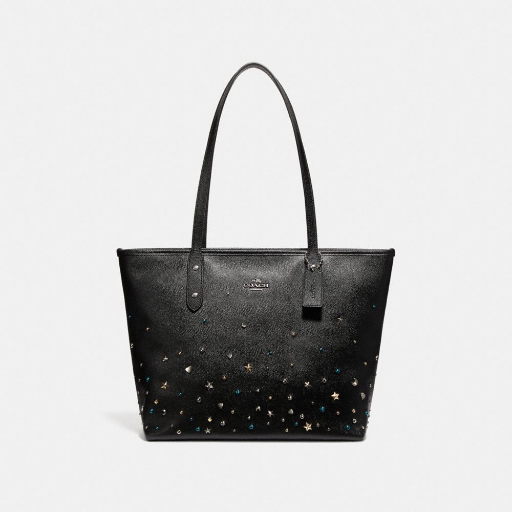 COACH F22299 CITY ZIP TOTE WITH STARDUST STUDS SILVER/BLACK