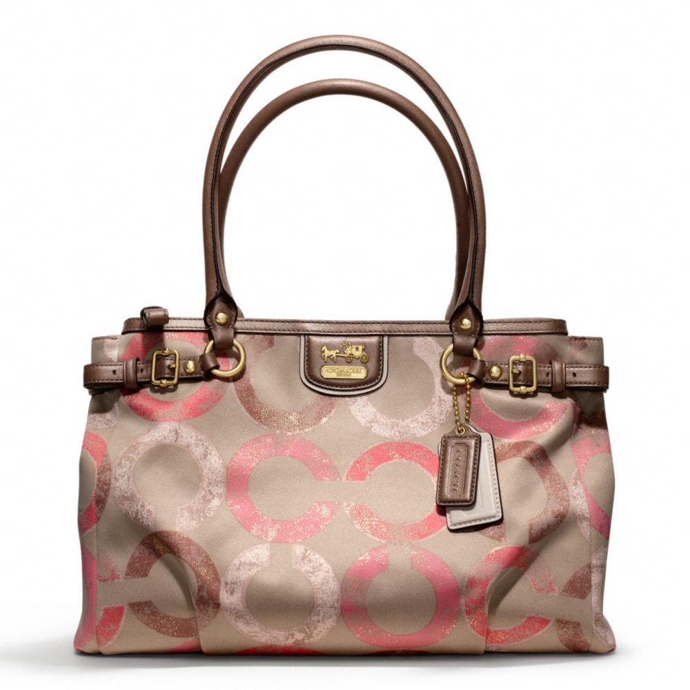 COACH MADISON METALLIC GESSO OP ART KARA CARRYALL - BRASS/KHAKI/CORAL - f22326