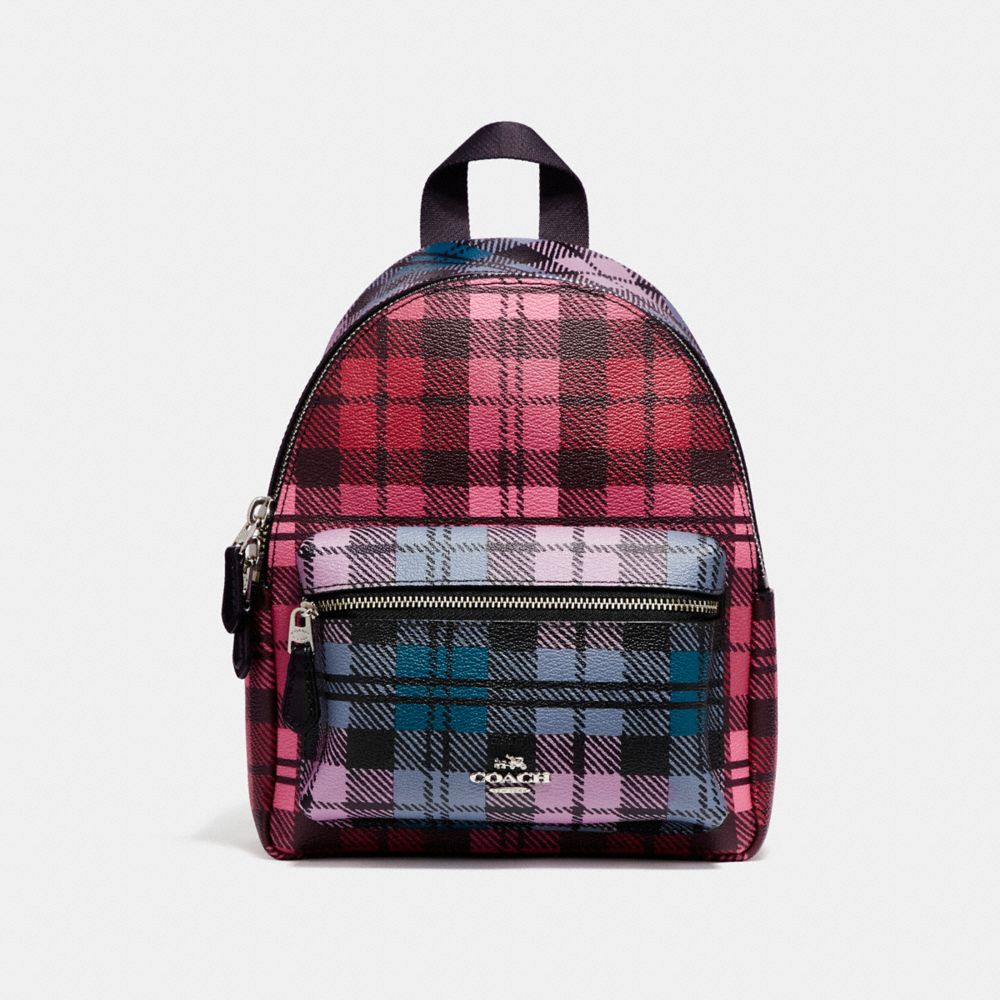 COACH MINI CHARLIE BACKPACK WITH SHADOW PLAID PRINT - SILVER/RED MULTI - f22351