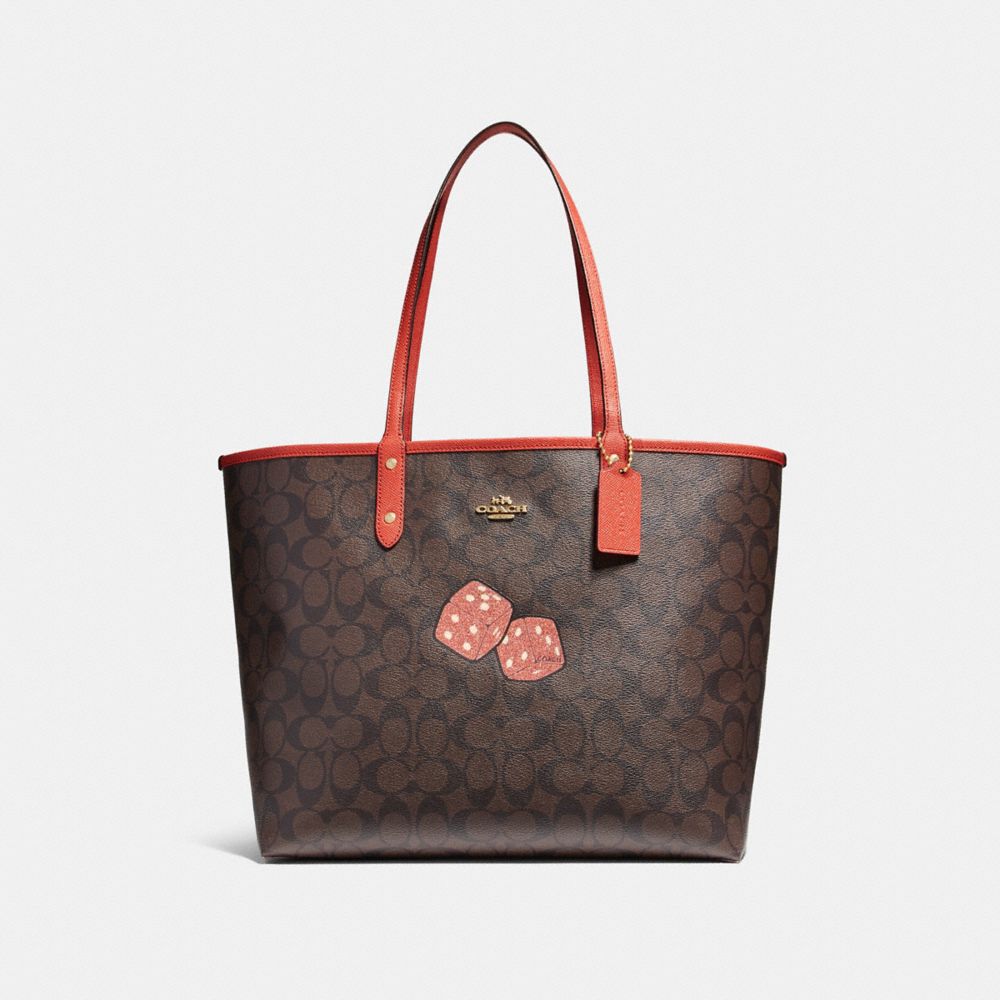 REVERSIBLE CITY TOTE WITH DICE MOTIF - f22551 - IMITATION GOLD/BROWN