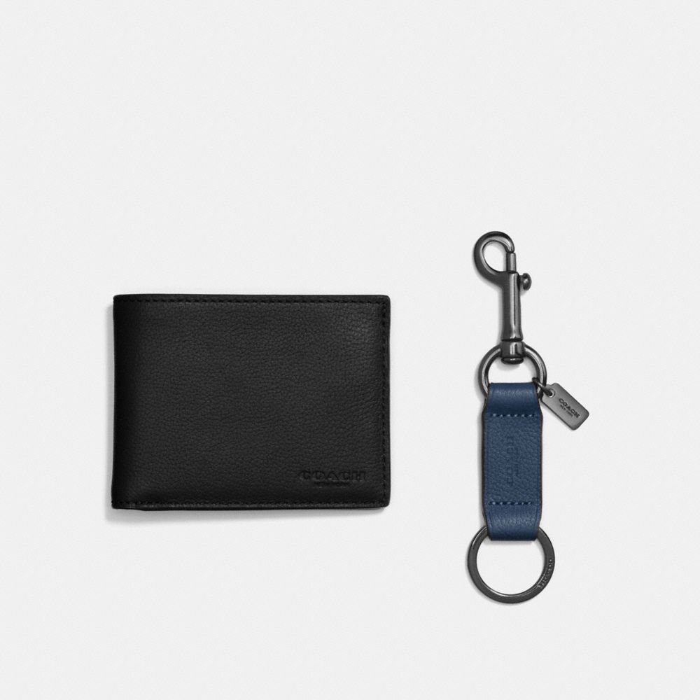 BOXED SLIM BILLFOLD ID WALLET WITH TRIGGER SNAP KEY FOB - BLACK - COACH F22697