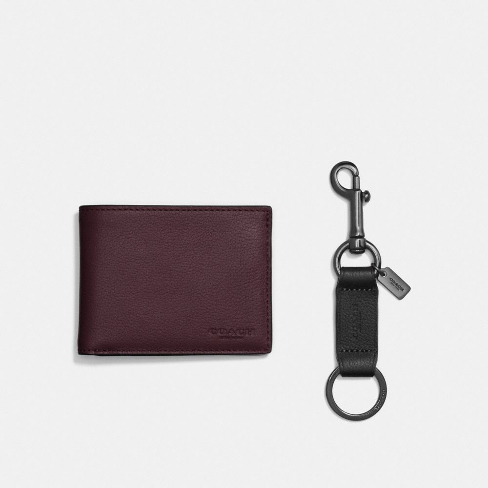BOXED SLIM BILLFOLD ID WALLET WITH TRIGGER SNAP KEY FOB - F22697 - OXBLOOD