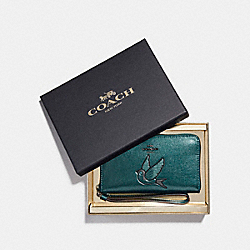 BOXED PHONE WALLET WITH GLITTER BIRD PATCH - COACH f22706 - BLACK ANTIQUE NICKEL/METALLIC DARK TEAL