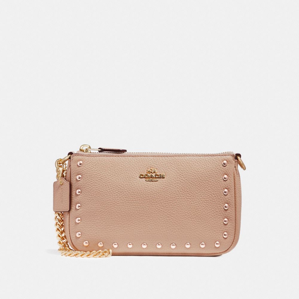 COACH f22813 LARGE WRISTLET 19 WITH LACQUER RIVETS IMITATION GOLD/NUDE PINK