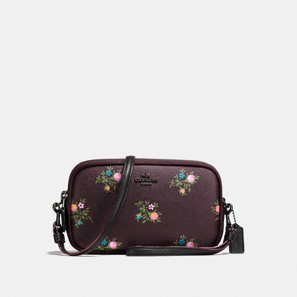 COACH F22836 CROSSBODY CLUTCH WITH CROSS STITCH FLORAL PRINT DARK-GUNMETAL/OXBLOOD-CROSS-STITCH-FLORAL