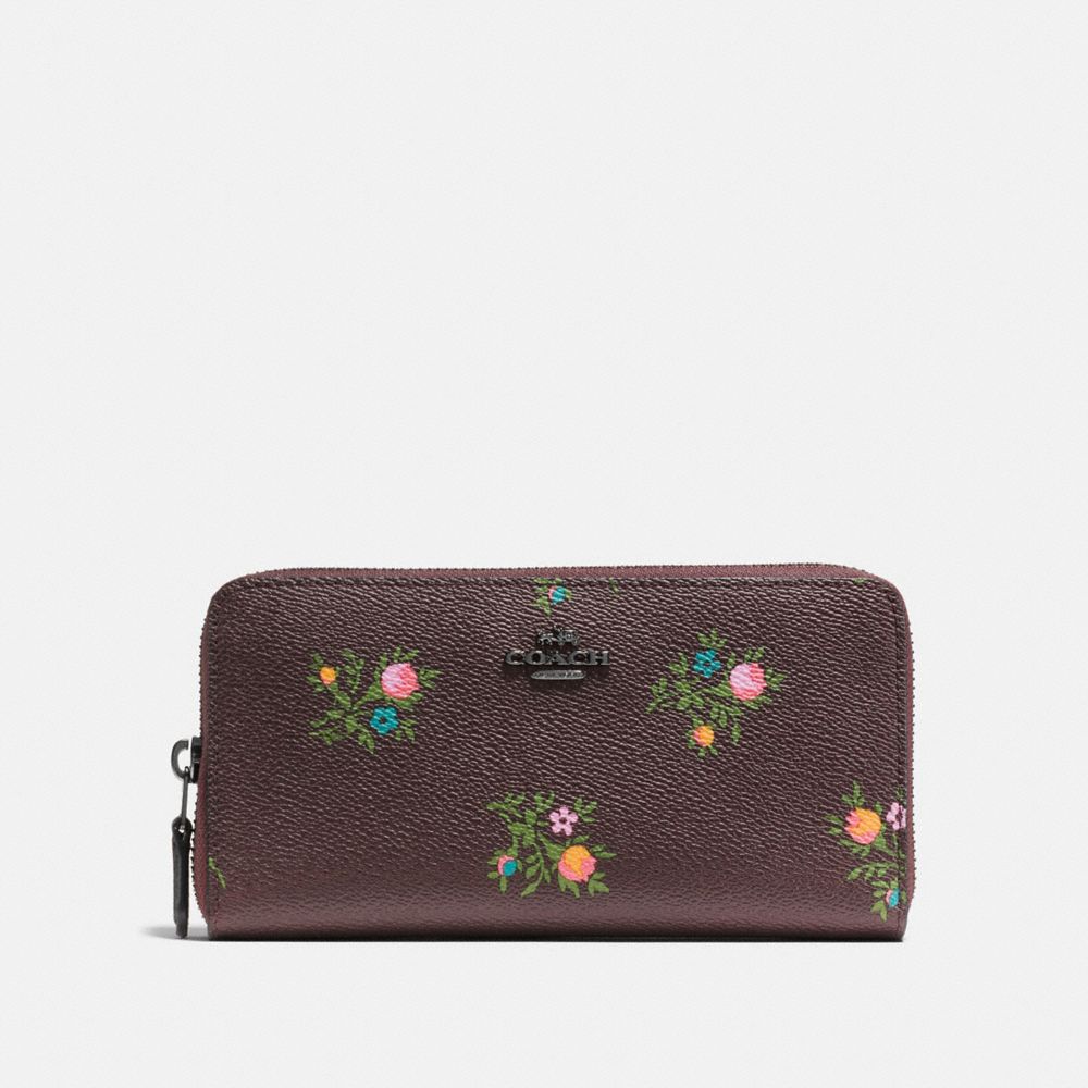 ACCORDION ZIP WALLET WITH CROSS STITCH FLORAL PRINT - F22877 - OXBLOOD CROSS STITCH FLORAL/DARK GUNMETAL