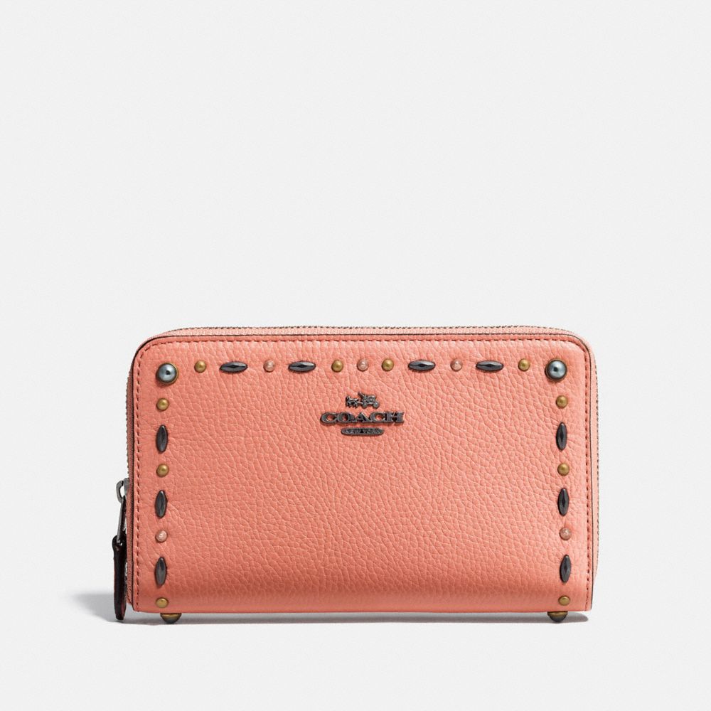 COACH F22892 MEDIUM ZIP AROUND WALLET WITH PRAIRIE RIVETS DETAIL MELON/DARK GUNMETAL