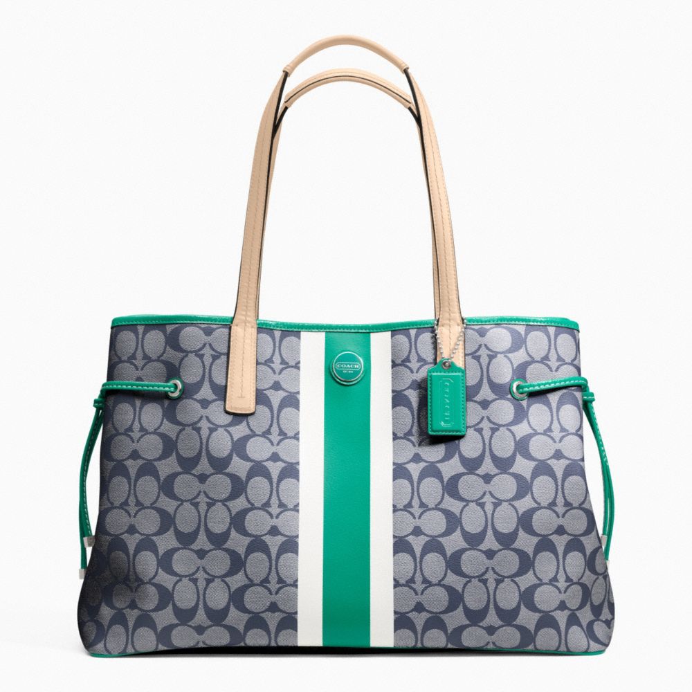 COACH F23049 SIGNATURE STRIPE PVC LARGE CARRYALL SILVER/NAVY/BRIGHT-JADE