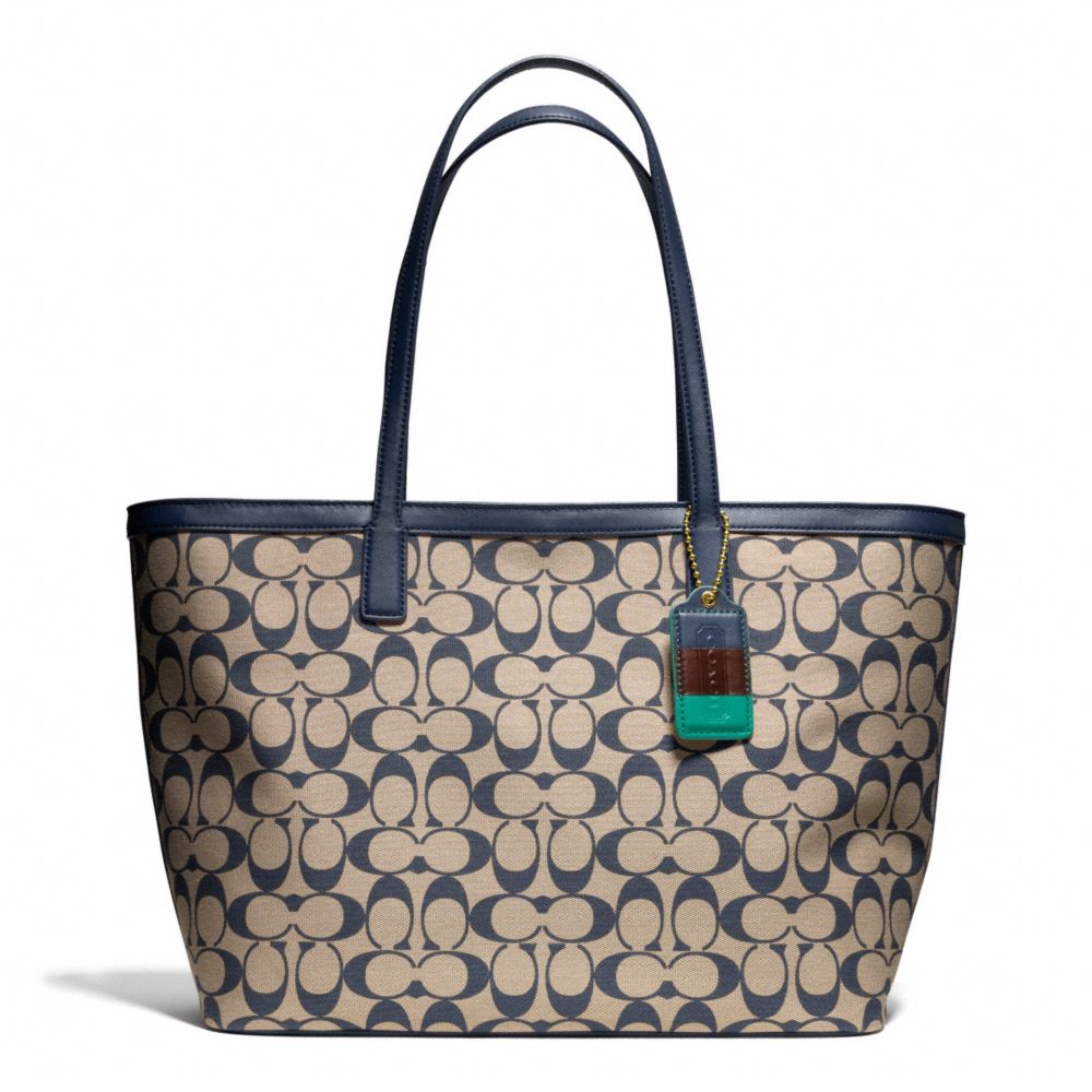 WEEKEND PRINTED SIGNATURE ZIP TOP TOTE - f23107 - BRASS/KHAKI/NAVY