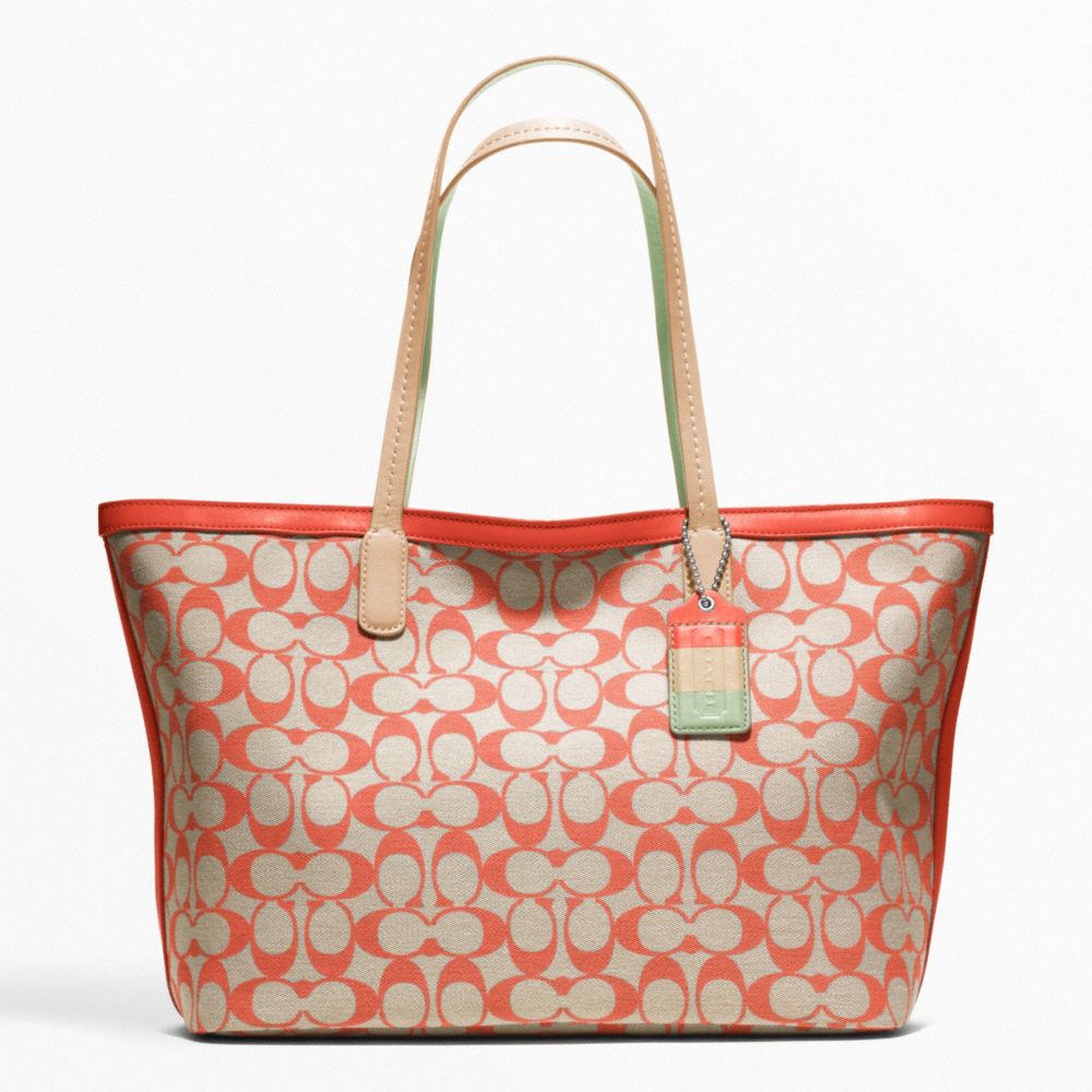 COACH F23107 Weekend Printed Signature Zip Top Tote SILVER/LIGHT KHAKI/CORAL