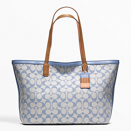 COACH F23107 WEEKEND PRINTED SIGNATURE ZIP TOP TOTE SILVER/GREY-CHAMBRAY