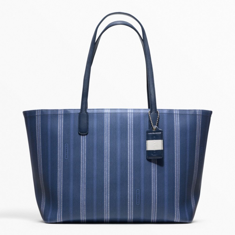 COACH f23108 WEEKEND TICKING STRIPE ZIP TOP TOTE SILVER/NAVY