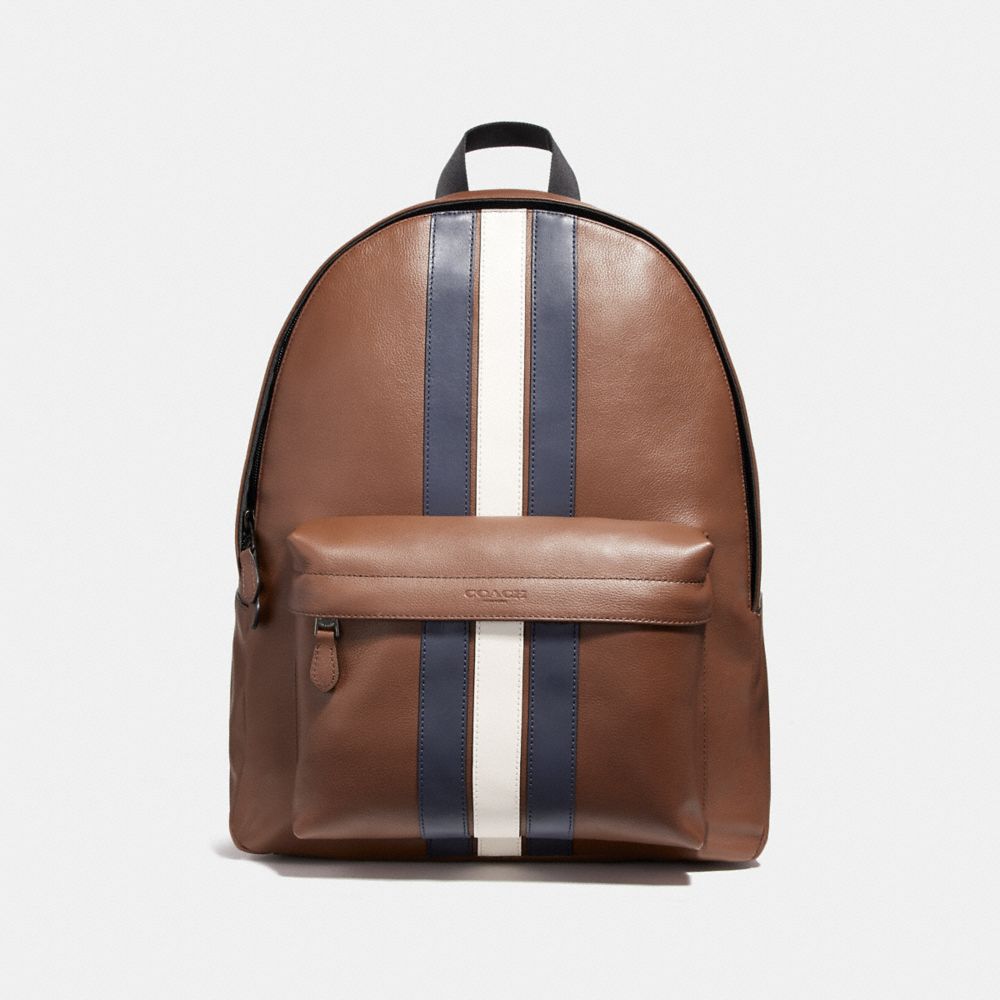 CHARLES BACKPACK WITH VARSITY STRIPE - SADDLE/MIDNIGHT NVY/CHALK/BLACK ANTIQUE NICKEL - COACH F23214