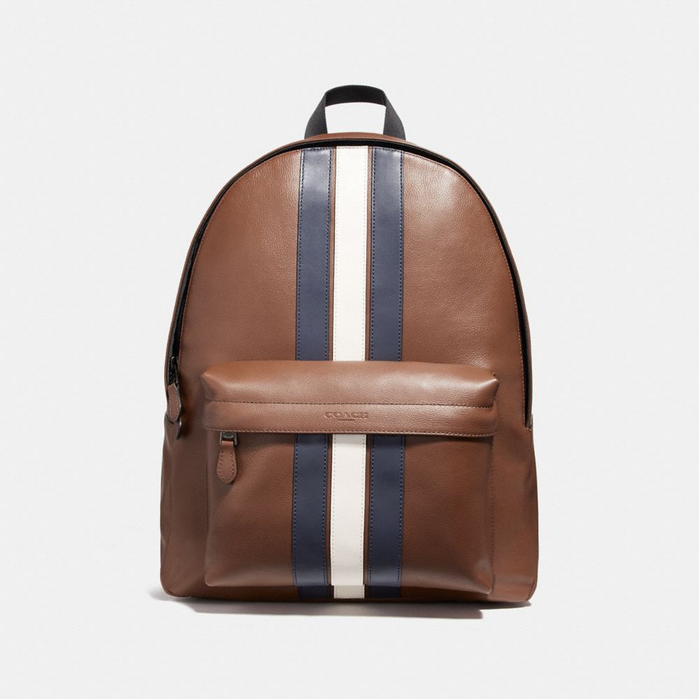 COACH f23214 CHARLES BACKPACK WITH VARSITY STRIPE SADDLE/MIDNIGHT NVY/CHALK/BLACK ANTIQUE NICKEL