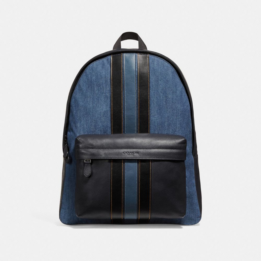 COACH F23218 Charles Backpack With Varsity Stripe DENIM/BLACK/DENIM/BLACK ANTIQUE NICKEL