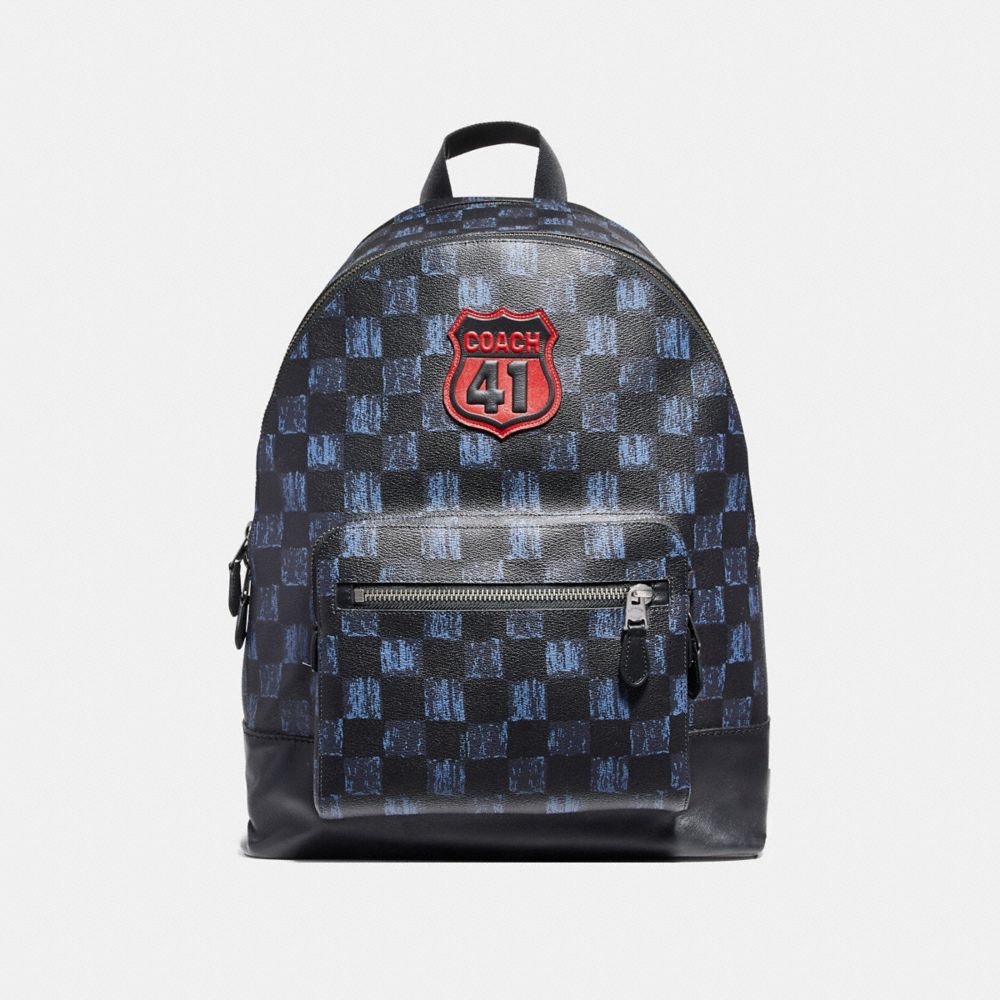WEST BACKPACK WITH GRAPHIC CHECKER PRINT AND COACH 41 MOTIF - MIDNIGHT NVY MULTI CHECKER/BLACK ANTIQUE NICKEL - COACH F23249