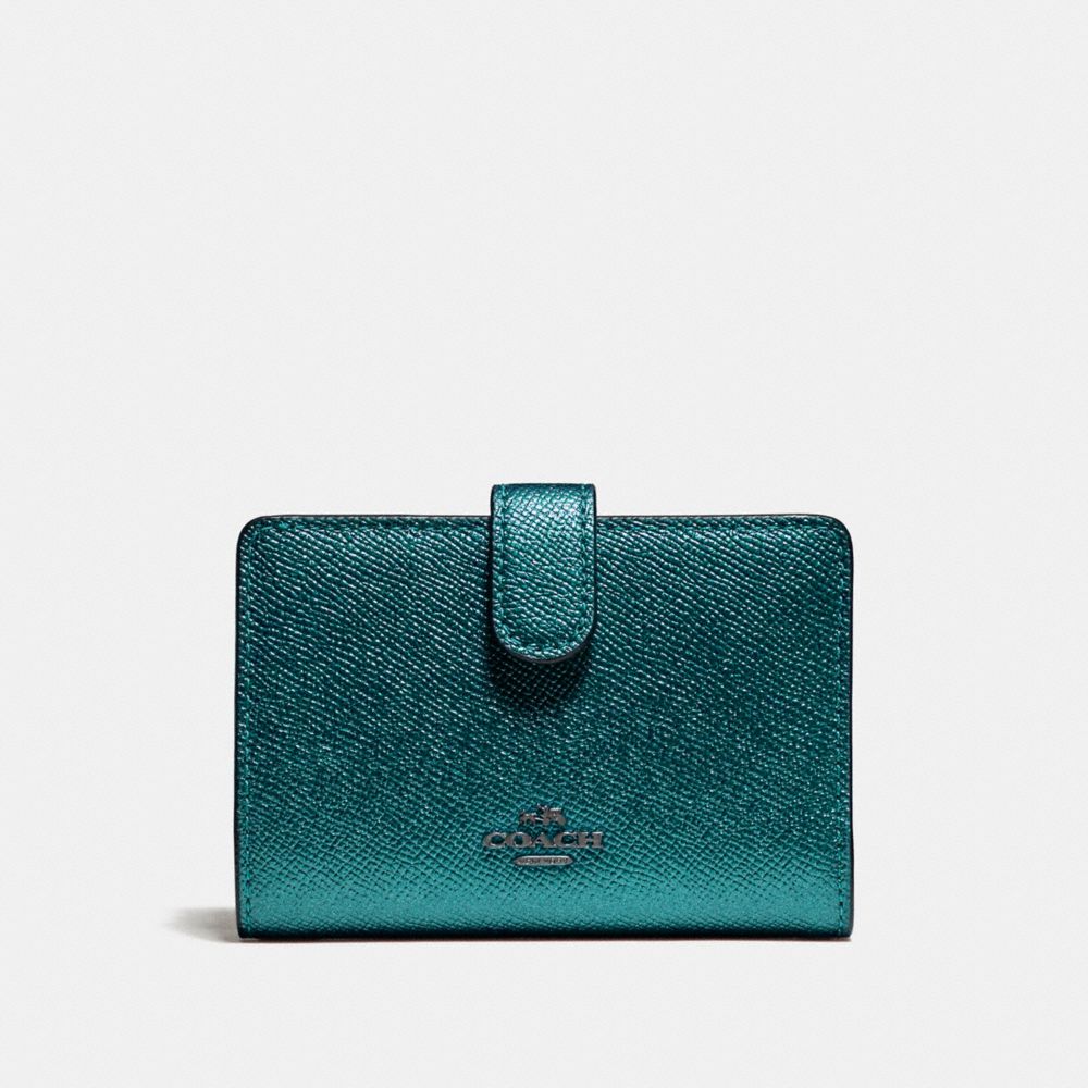 COACH F23256 MEDIUM CORNER ZIP WALLET BLACK-ANTIQUE-NICKEL/METALLIC-DARK-TEAL