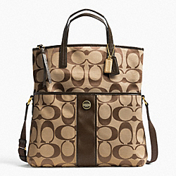 SIGNATURE STRIPE FOLDOVER TOTE - BRASS/KHAKI/MAHOGANY - COACH F23304