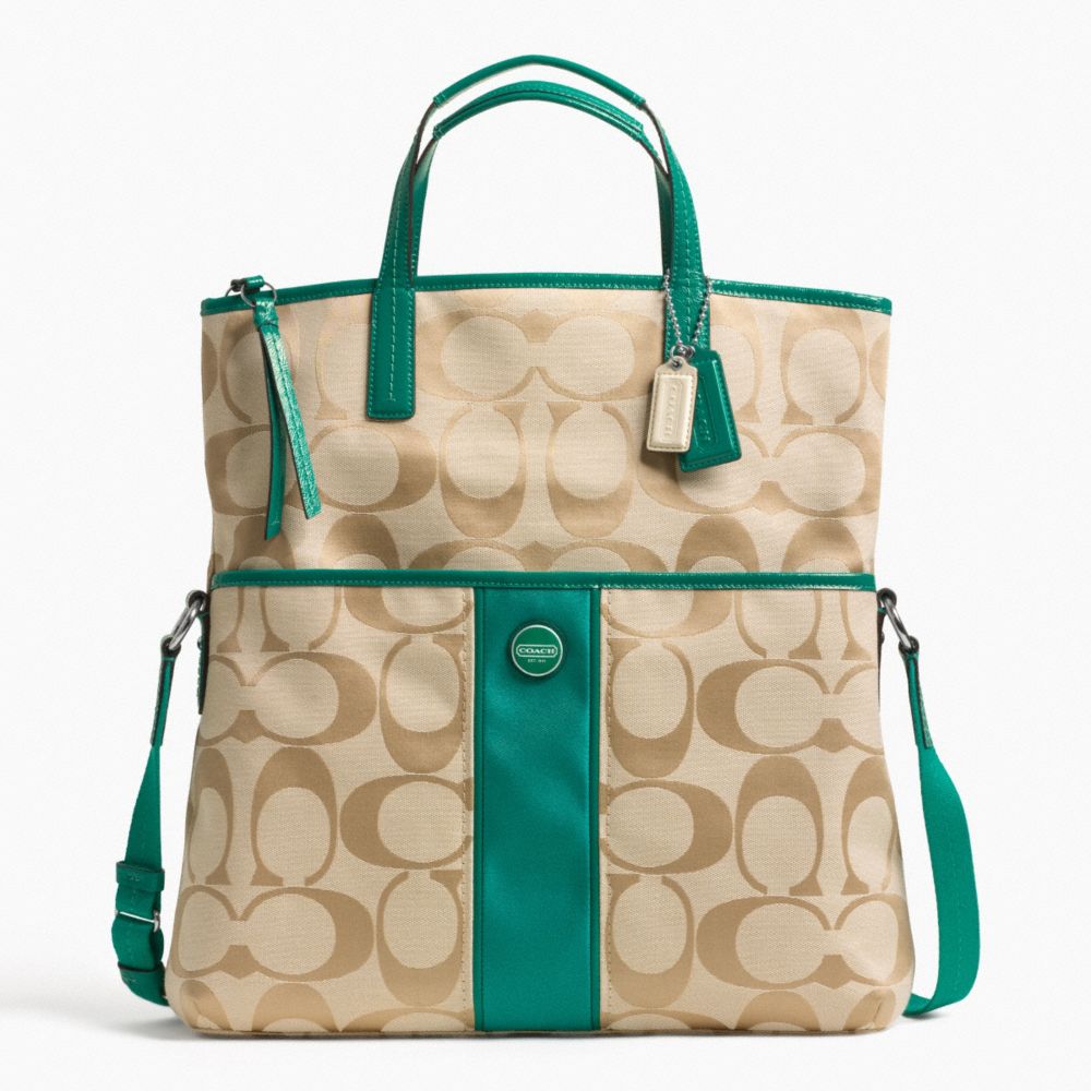 SIGNATURE STRIPE FOLDOVER TOTE - f23304 - SILVER/LT KHAKI/BRIGHT JADE