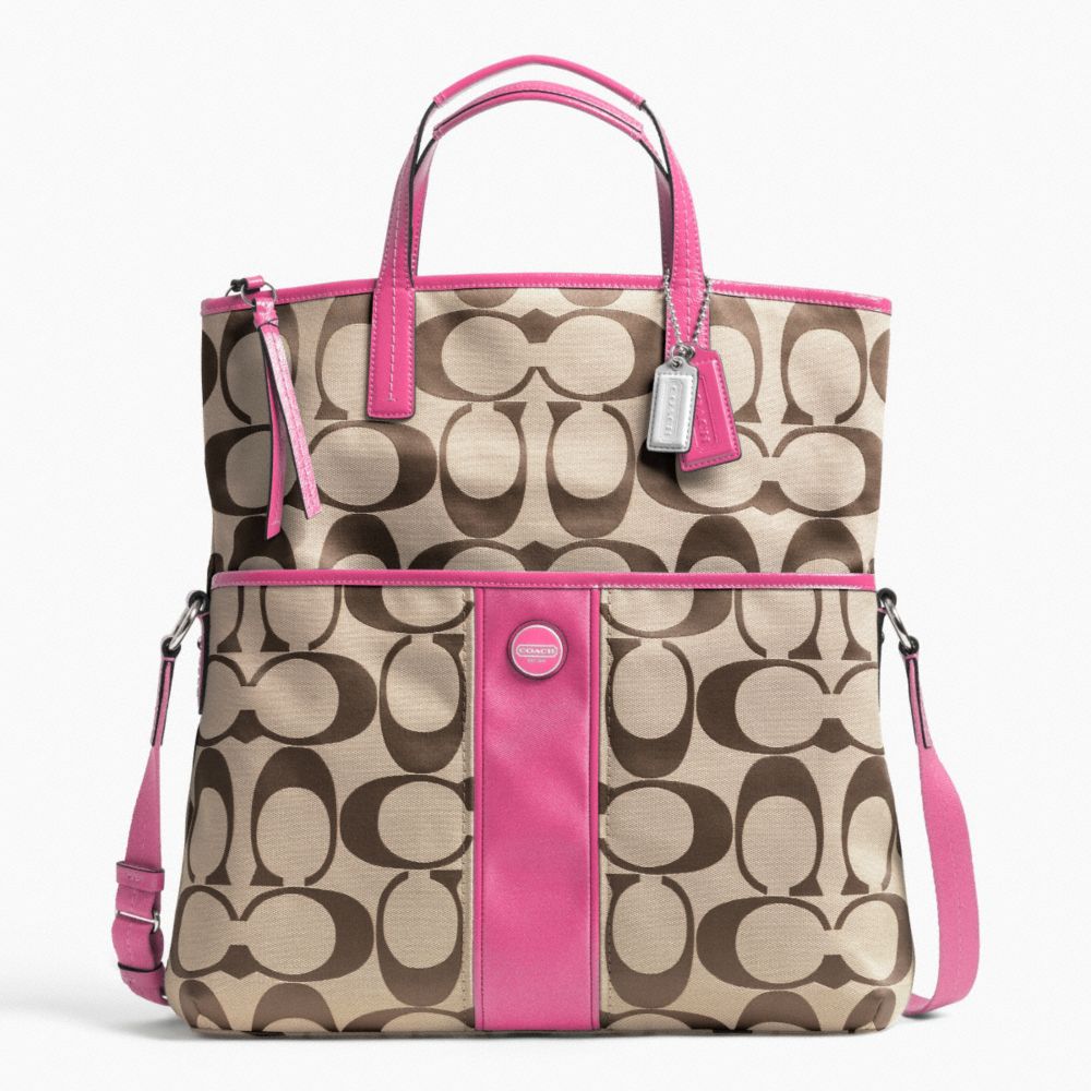 COACH F23304 - SIGNATURE STRIPE FOLDOVER TOTE SILVER/KHAKI/MULBERRY