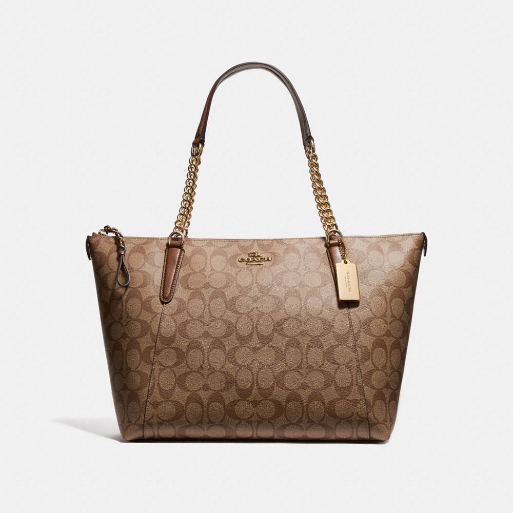 COACH AVA CHAIN TOTE IN SIGNATURE CANVAS - KHAKI/SADDLE 2/LIGHT GOLD - F23526