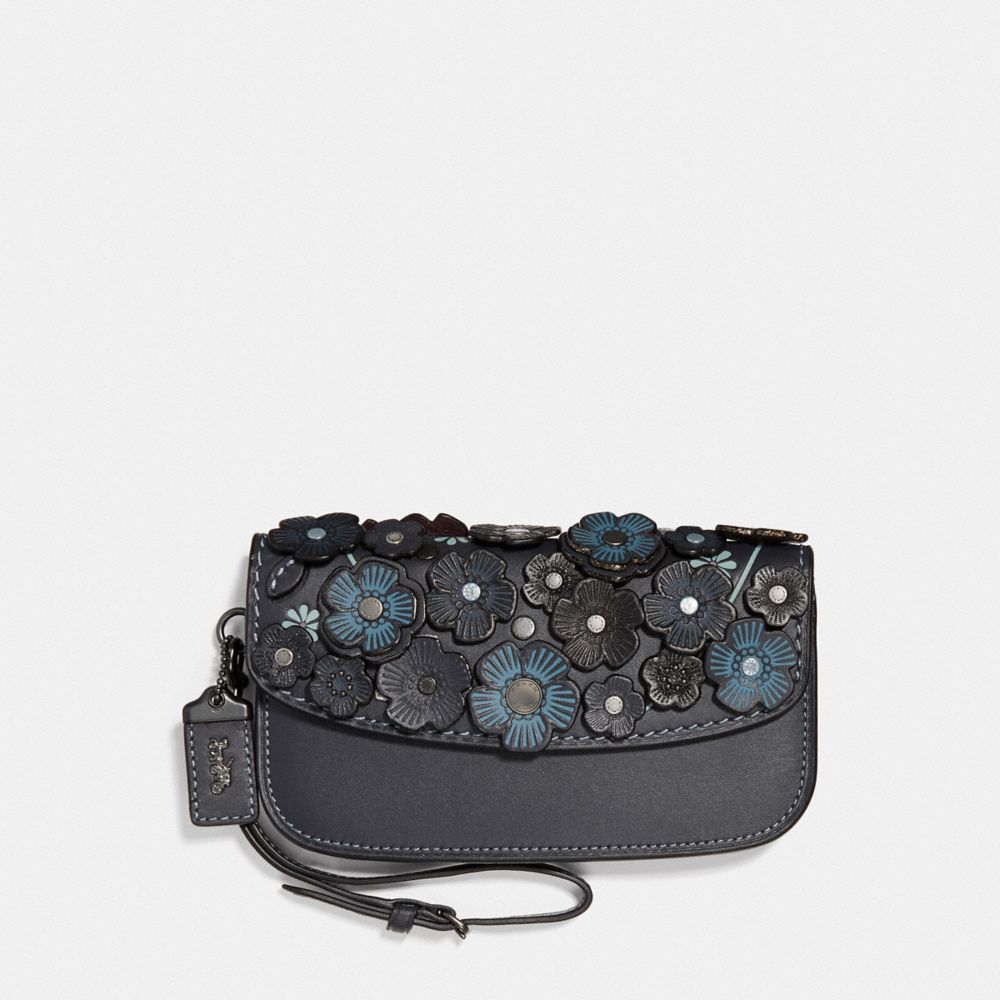 CLUTCH WITH SMALL TEA ROSE - F23536 - MIDNIGHT NAVY/BRASS