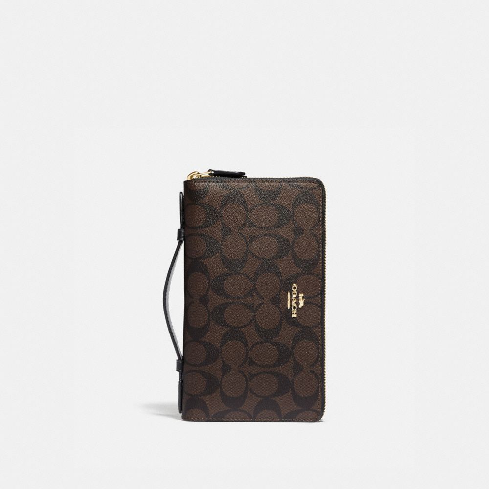 DOUBLE ZIP TRAVEL WALLET IN SIGNATURE CANVAS - BROWN/BLACK/GOLD - COACH F23552