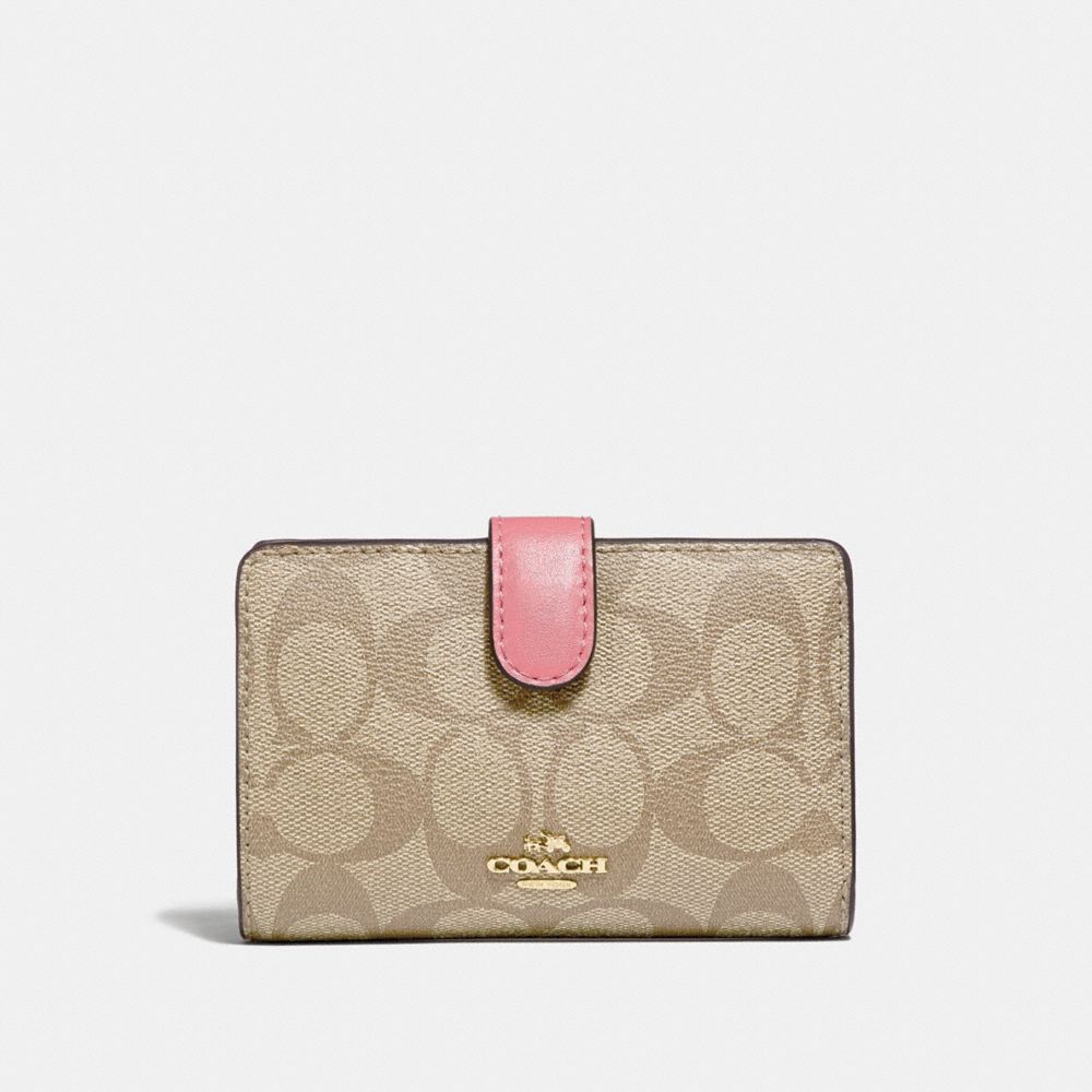 COACH F23553 MEDIUM CORNER ZIP WALLET IN SIGNATURE CANVAS LIGHT-KHAKI/PEONY/LIGHT-GOLD