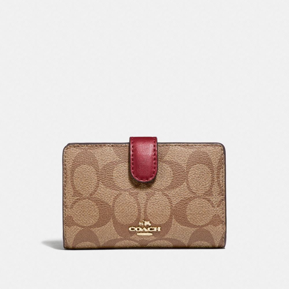 COACH F23553 - MEDIUM CORNER ZIP WALLET IN SIGNATURE CANVAS KHAKI/CHERRY/LIGHT GOLD