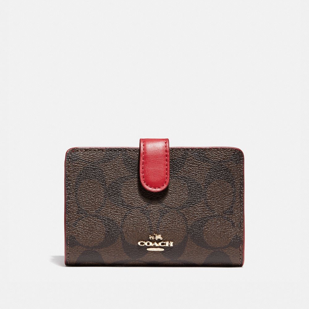 COACH F23553 - MEDIUM CORNER ZIP WALLET IN SIGNATURE CANVAS BROWN/TRUE RED/LIGHT GOLD