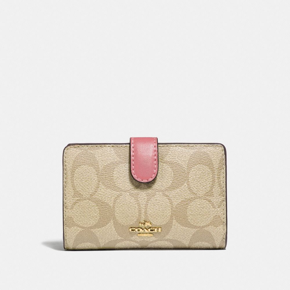 COACH F23553 Medium Corner Zip Wallet In Signature Canvas GOLD/LIGHT KHAKI/VINTAGE PINK