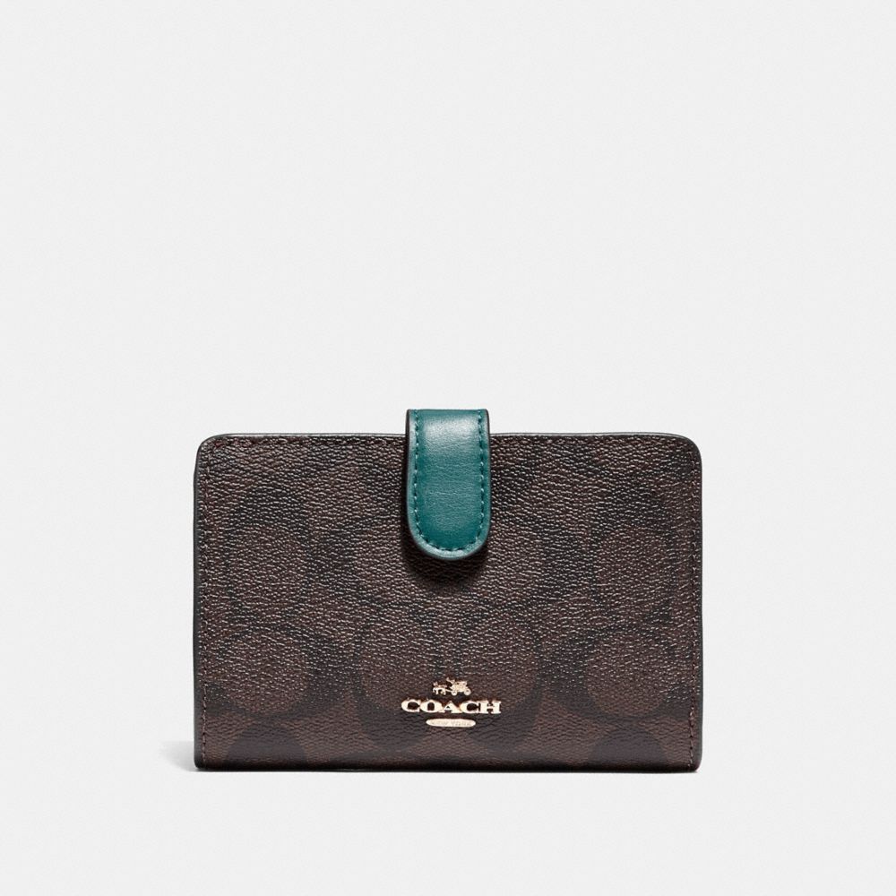 COACH F23553 MEDIUM CORNER ZIP WALLET IN SIGNATURE CANVAS BROWN/DARK TURQUOISE/LIGHT GOLD