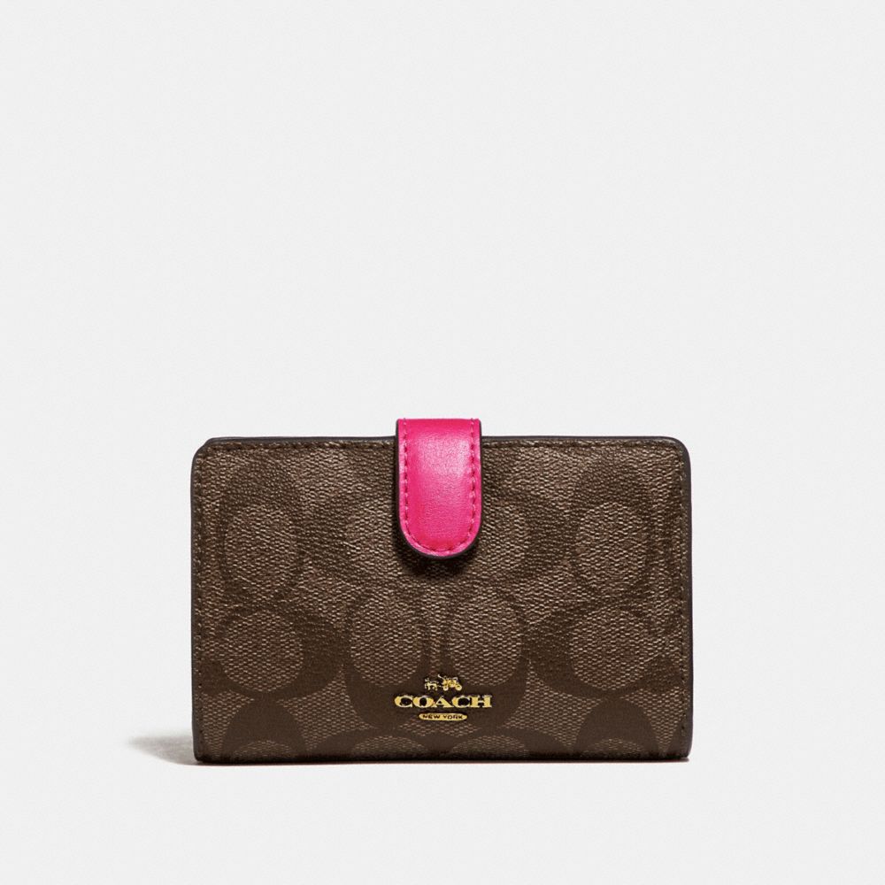 COACH F23553 MEDIUM CORNER ZIP WALLET IN SIGNATURE CANVAS BROWN/NEON-PINK/LIGHT-GOLD