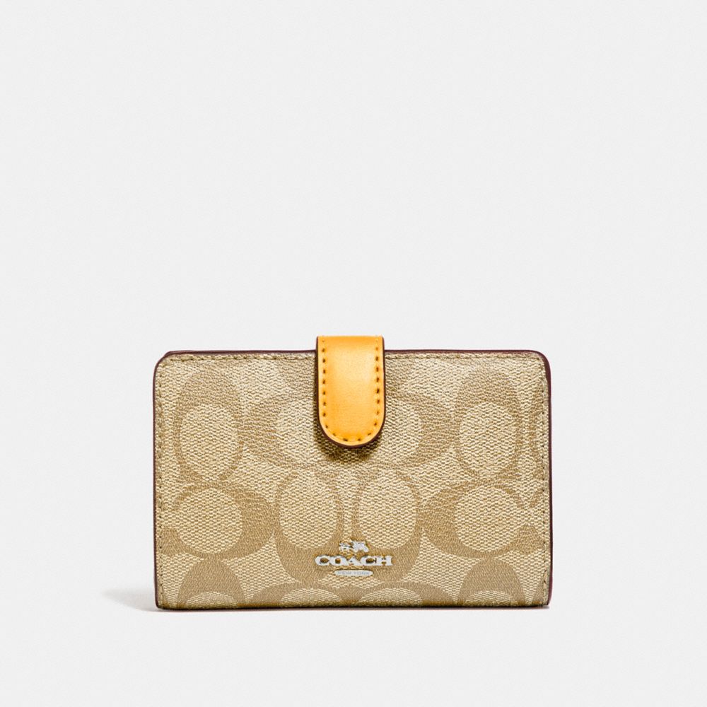 COACH F23553 Medium Corner Zip Wallet In Signature Canvas SILVER/LIGHT KHAKI/CANARY