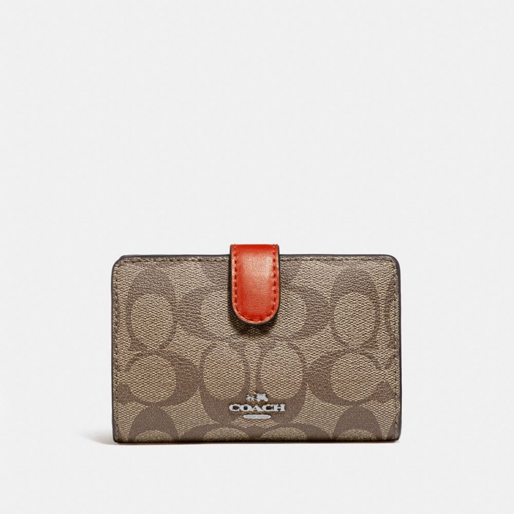 COACH F23553 MEDIUM CORNER ZIP WALLET IN SIGNATURE CANVAS KHAKI/ORANGE-RED/SILVER