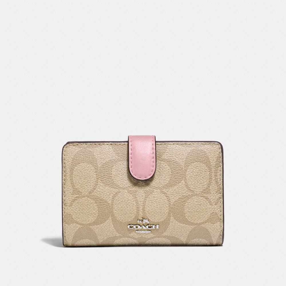 COACH F23553 - MEDIUM CORNER ZIP WALLET IN SIGNATURE CANVAS LIGHT KHAKI/CARNATION/SILVER