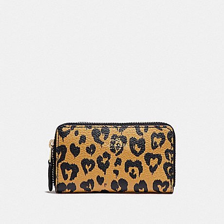 COACH f23624 SMALL DOUBLE ZIP COIN CASE WITH WILD HEART PRINT LIGHT GOLD/NATURAL MULTI
