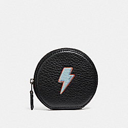 COACH ROUND COIN CASE WITH LIGHTNING BOLT MOTIF - ANTIQUE NICKEL/BLACK - F23654