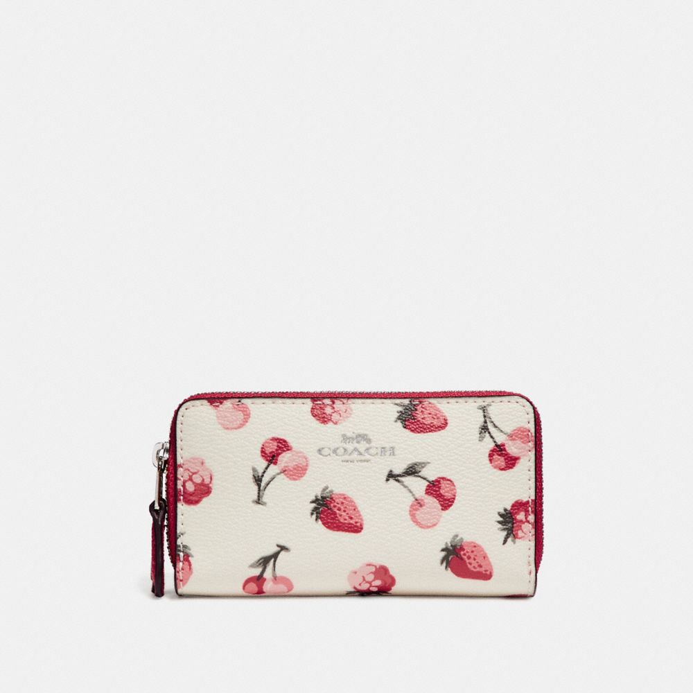 COACH SMALL DOUBLE ZIP COIN CASE WITH FRUIT PRINT - CHALK MULTI/SILVER - F23677
