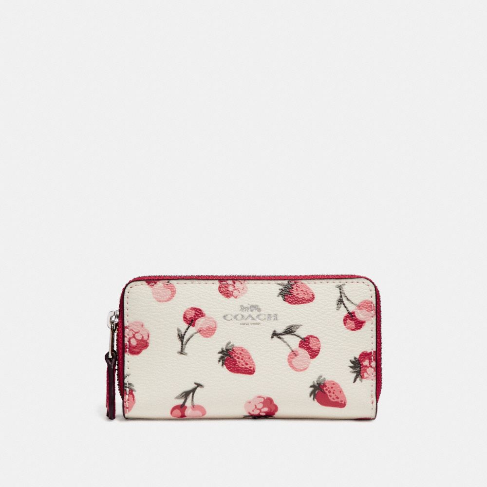 COACH f23677 SMALL DOUBLE ZIP COIN CASE WITH FRUIT PRINT SILVER/CHALK MULTI