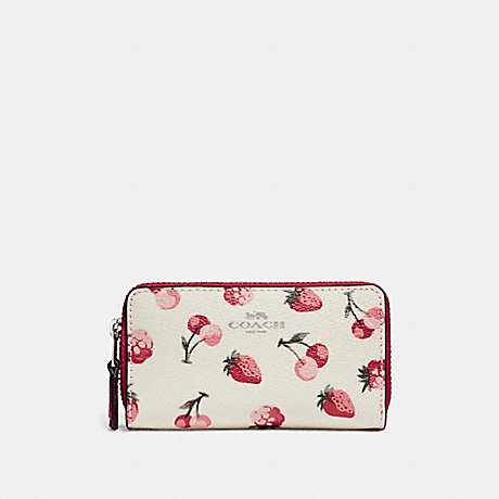 COACH SMALL DOUBLE ZIP COIN CASE WITH FRUIT PRINT - SILVER/CHALK MULTI - f23677