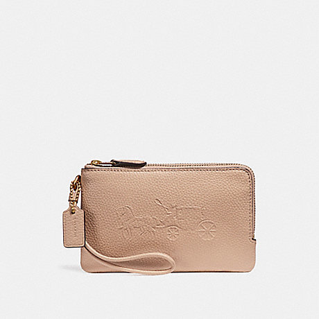 COACH f23693 DOUBLE CORNER ZIP WRISTLET WITH EMBOSSED HORSE AND CARRIAGE IMITATION GOLD/NUDE PINK